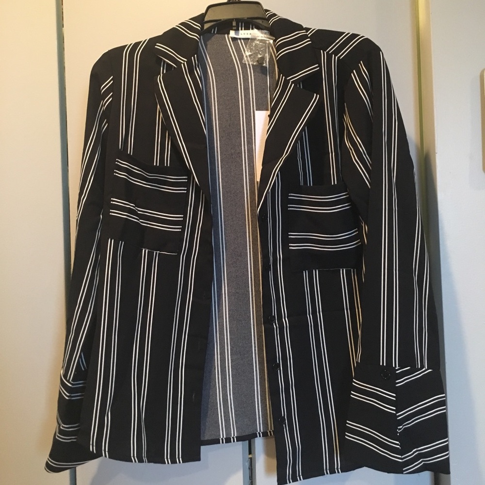 Black and white stripe long bell sleeve button up